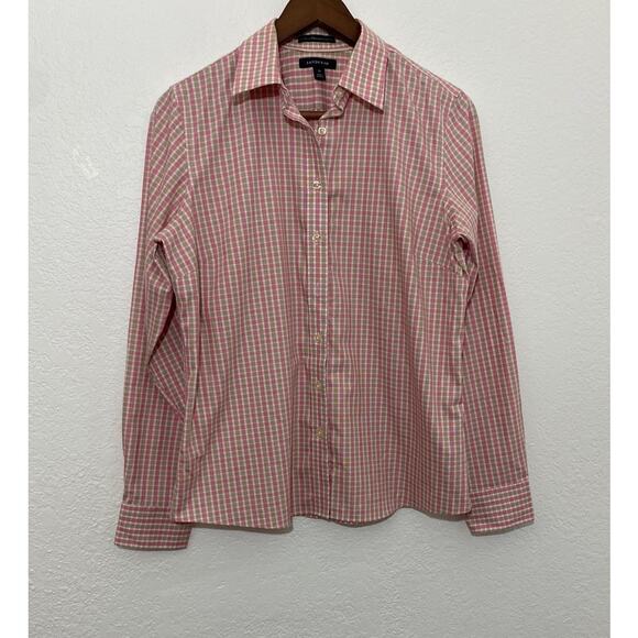 Lands’ End Women No-Iron Pinpoint Oxford Pink Green Plaid Button Up Shirt Sz 10 - Picture 1 of 6